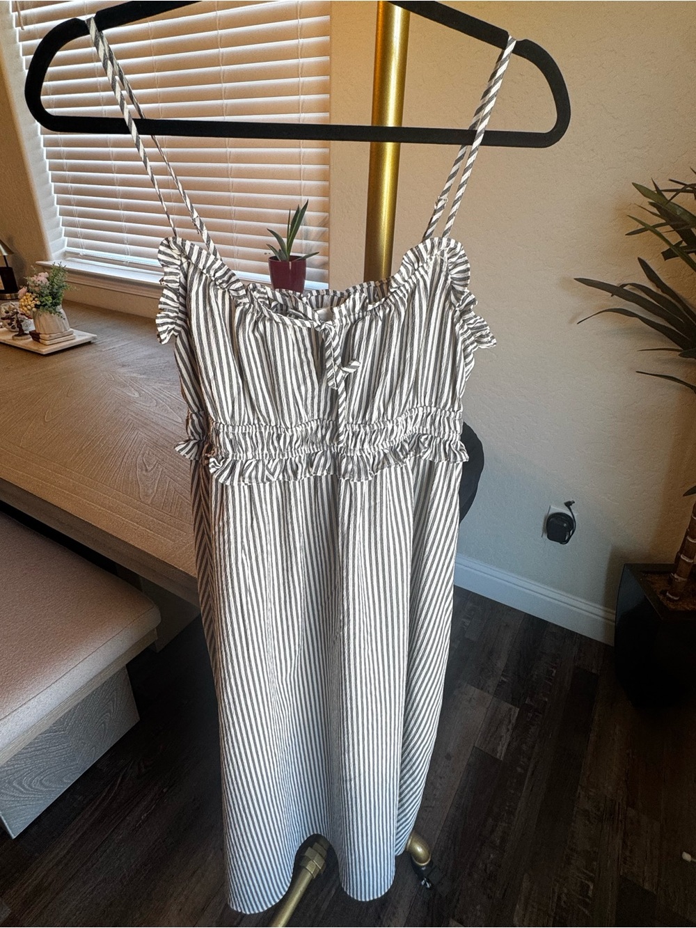 PPLA Striped Smocked Midi Dress - White and Black